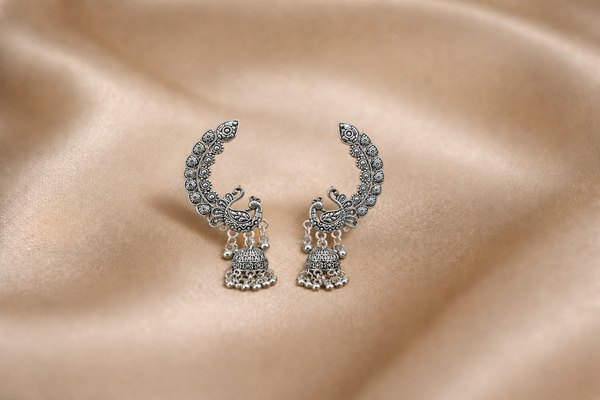 Mangamta Antique Silver Finish Peacock Ear Climber Jhumka Earrings