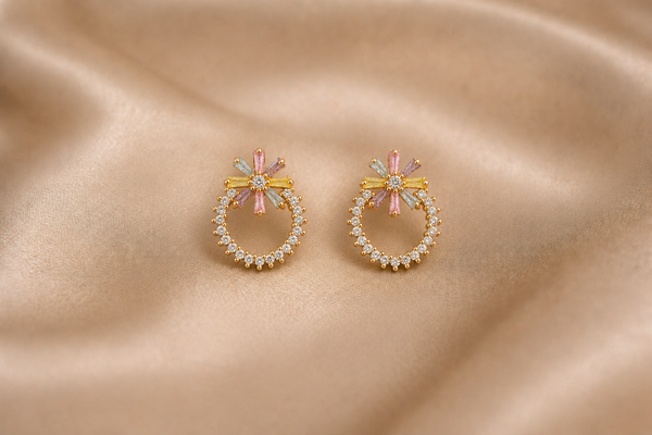 Mangamta Pastel Baguette Stone Floral Sunburst Halo Stud Earrings
