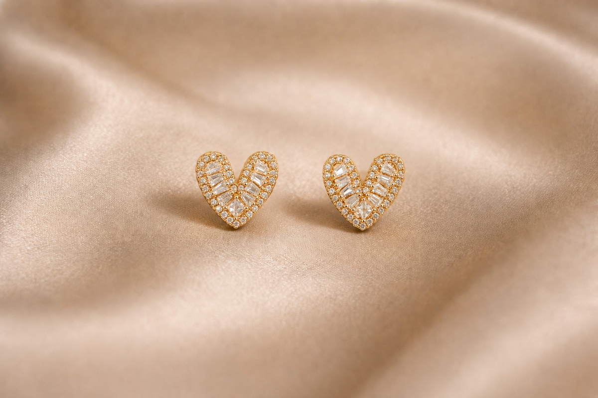 Mangamta Baguette & Round Stone Cluster Heart Stud Earrings