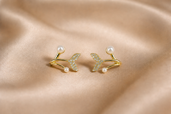 Mangamta Stone-Studded Mermaid Tail & Dual Pearl Huggie Studs