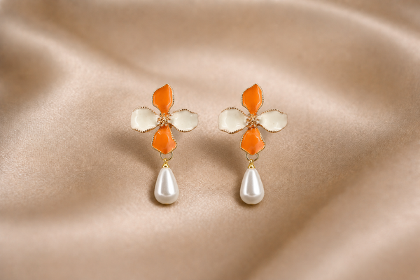 Mangamta Dual-Tone Enamel Blossom Pearl Drop Earrings