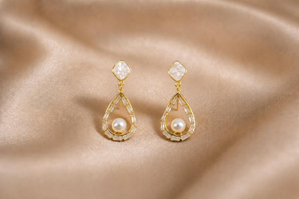Mangamta Crystal Teardrop Floating Pearl Dangle Earrings