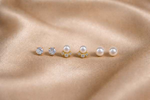 Mangamta 3-Pair Pearl Tiara & Solitaire Stud Earrings Combo Set