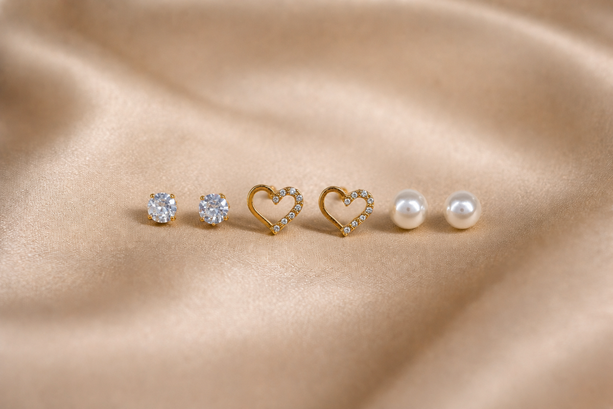 Mangamta 3-Pair Open Heart & Solitaire Stud Earrings Combo Set
