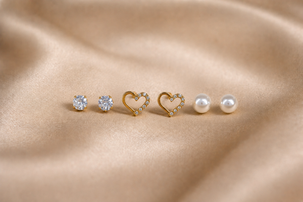 Mangamta 3-Pair Open Heart & Solitaire Stud Earrings Combo Set