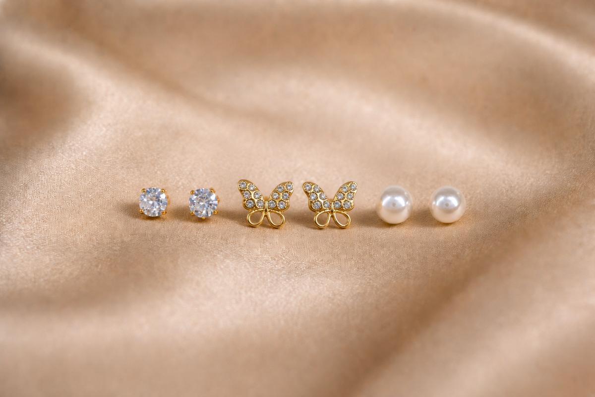 Mangamta 3-Pair Butterfly & Solitaire Stud Earrings Combo Set