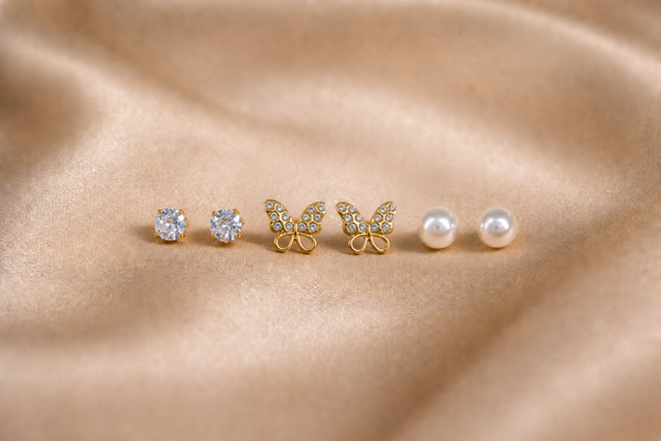 Mangamta 3-Pair Butterfly & Solitaire Stud Earrings Combo Set
