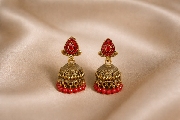 Mangamta Traditional Temple Red Stone Dome Jhumki Earrings
