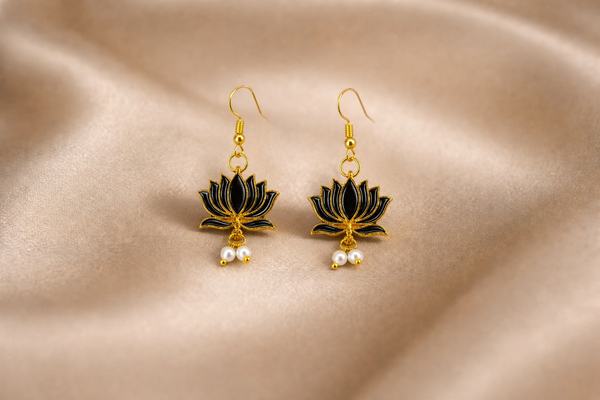 Mangamta Enamel Lotus Flower Pearl Drop Hook Earrings