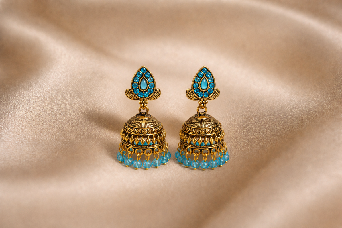 Mangamta Traditional Turquoise Blue Stone Dome Jhumki Earrings