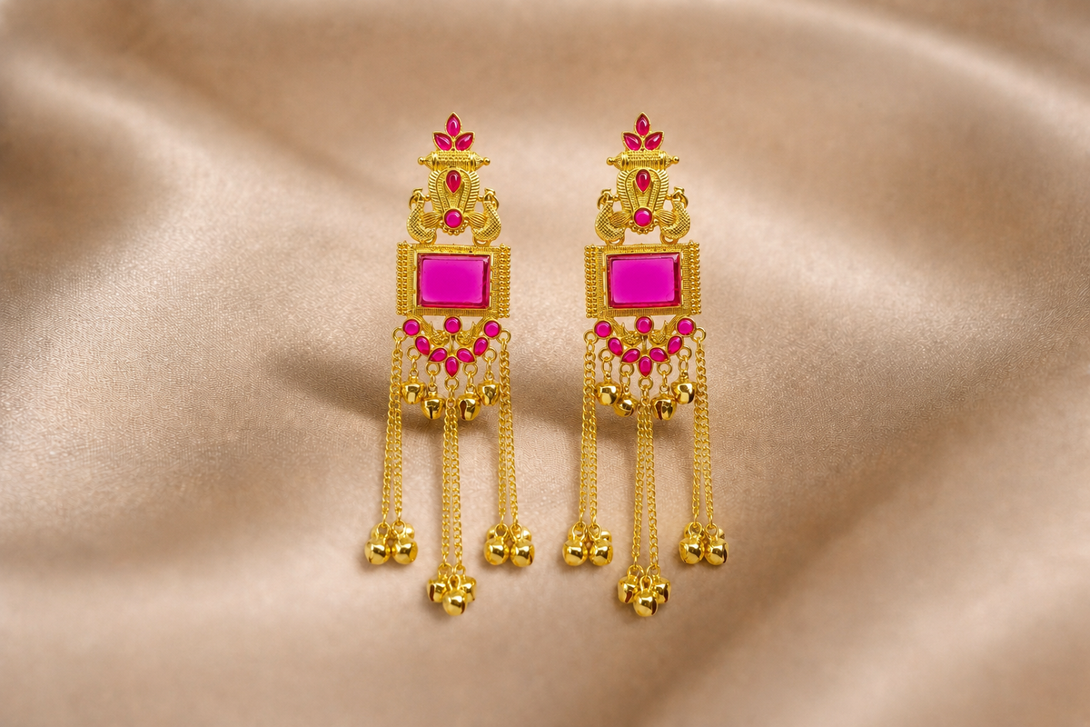 Mangamta Royal Peacock Ruby Pink Stone Tassel Long Earrings