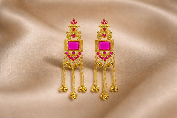 Mangamta Royal Peacock Ruby Pink Stone Tassel Long Earrings