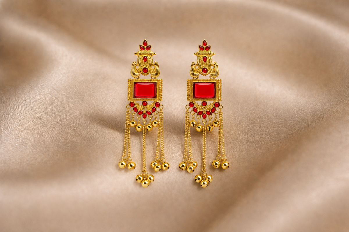 Mangamta Heritage Peacock Red Stone Tassel Long Earrings