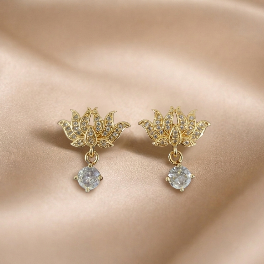 Mangamta Traditional Stone-Studded Lotus Solitaire Drop Earrings