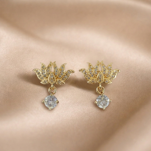 Mangamta Traditional Stone-Studded Lotus Solitaire Drop Earrings