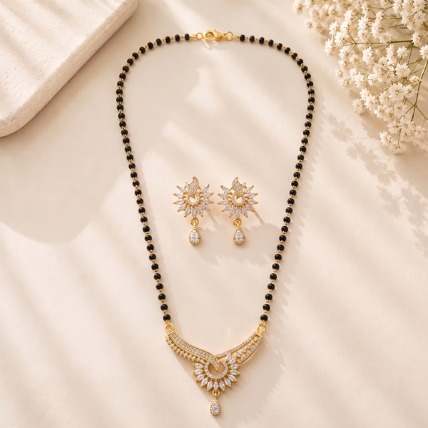 Mangamta Graceful Curved Floral Stone Mangalsutra Set with Drop Earrings