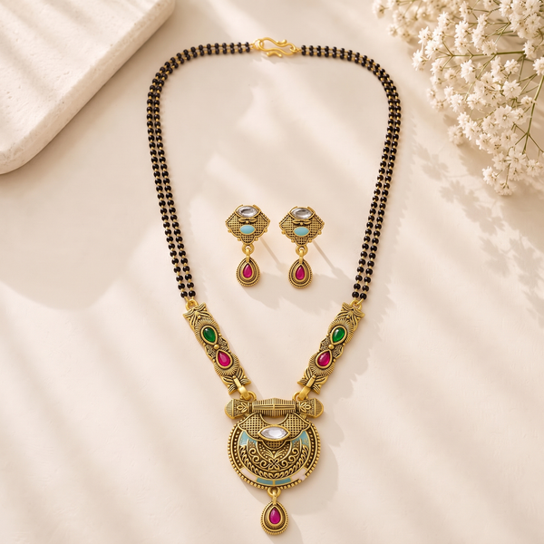 Mangamta Antique Finish Dual Bead Line Temple Style Mangalsutra Set