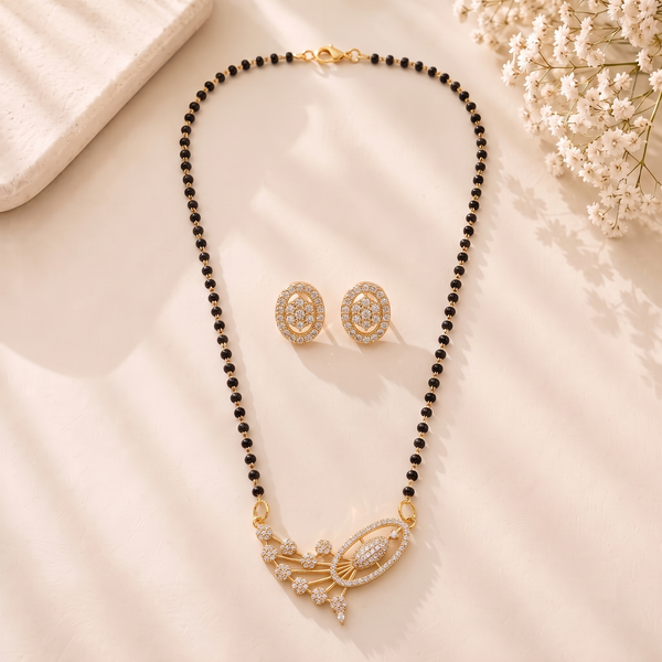 Mangamta Asymmetric Fan Motif Stone Mangalsutra Set with Oval Stud Earrings