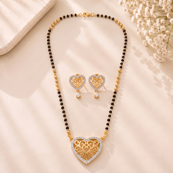 Mangamta Filigree Heart Pendant Imitation Mangalsutra Set with Stud Earrings