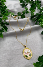Mangamta Victorian Style Oval Enamel Floral Cameo Imitation Pendant Necklace