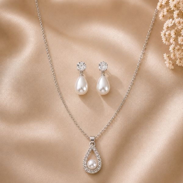 Mangamta Elegant Teardrop Faux Pearl Pendant Necklace Set with Drop Earrings