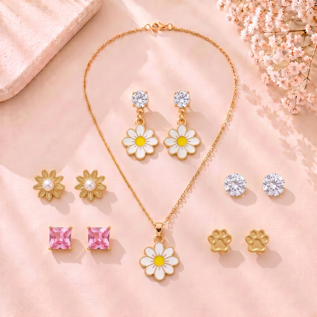 Mangamta Cheerful Daisy Flower Necklace Set with 5 Pairs of Fashion Earrings Combo