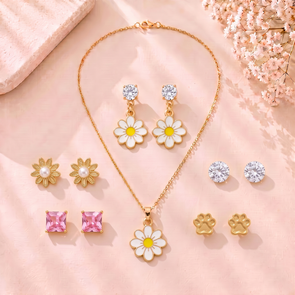 Mangamta Cheerful Daisy Flower Necklace Set with 5 Pairs of Fashion Earrings Combo