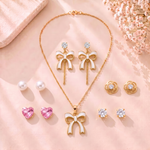 Mangamta Charming White Bow Tassel Necklace Set with 5 Pairs of Stud Earrings Combo