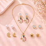 Mangamta Playful Colorful Unicorn Pendant Necklace Set with Multi-Pair Earrings Combo