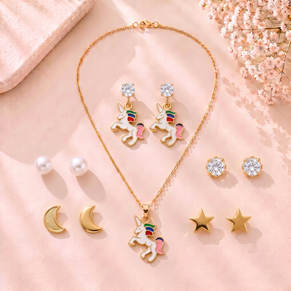 Mangamta Playful Colorful Unicorn Pendant Necklace Set with Multi-Pair Earrings Combo