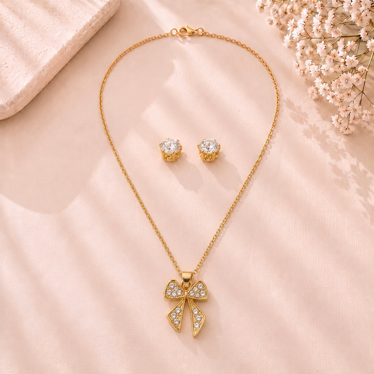 Mangamta Charming Pavé Bow Pendant Necklace Set with Solitaire Stud Earrings