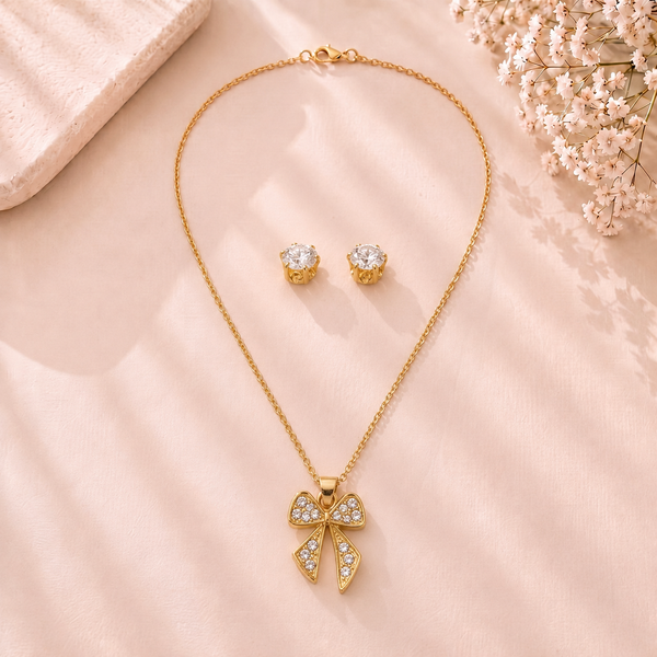 Mangamta Charming Pavé Bow Pendant Necklace Set with Solitaire Stud Earrings