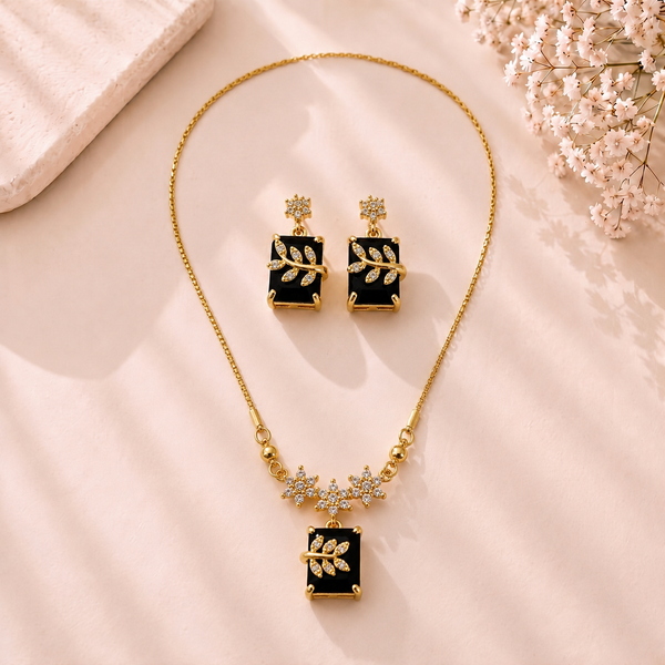 Mangamta Emerald-Cut Black Stone Floral Branch Necklace Set with Matching Earrings