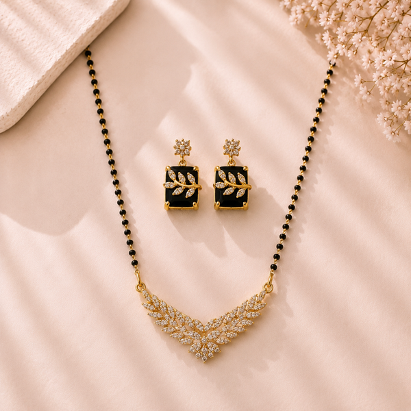 Mangamta Curved Wing Stone Mangalsutra Set with Rectangular Black Stone Earrings