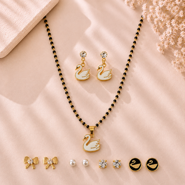 Mangamta Graceful White Swan Mangalsutra Set with 5 Pairs of Fashion Earrings