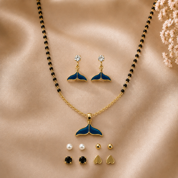 Mangamta Deep Blue Mermaid Tail Mangalsutra Set with 5 Pairs of Daily Stud Earrings