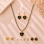 Mangamta Chic Black Enamel Heart Mangalsutra Set with Multi-Pair Stud Earrings Combo