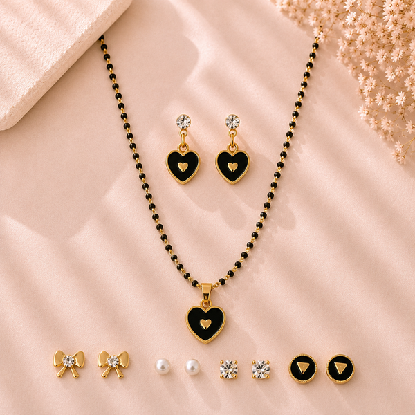 Mangamta Chic Black Enamel Heart Mangalsutra Set with Multi-Pair Stud Earrings Combo