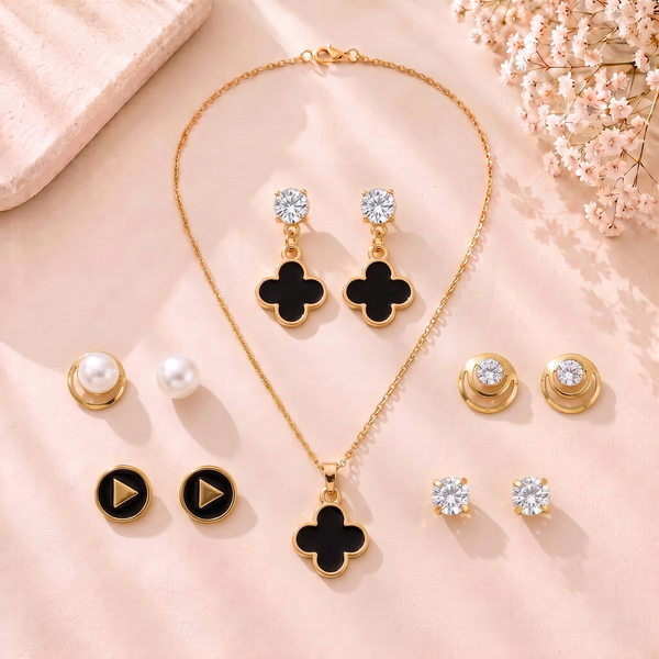 Mangamta Black Clover Motif Pendant Necklace Set with 5 Pairs of Coordinated Studs