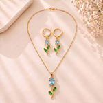 Mangamta Delicate Sky Blue Rose Bud Floral Necklace Set with Huggie Hoop Earrings